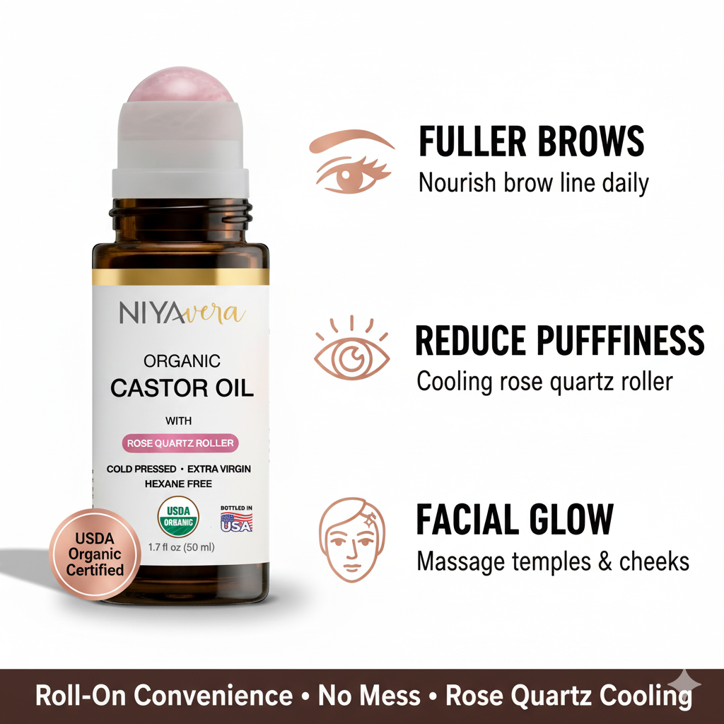 Niyavera Organic Castor Oil Roll on with Rose Quartz For Face and Body - Cold Pressed Hexane Free Glass Bottle Unrefined