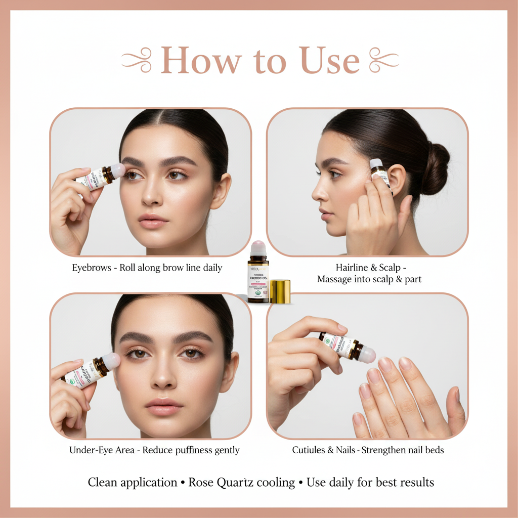 Niyavera Organic Castor Oil Roll on with Rose Quartz For Face and Body - Cold Pressed Hexane Free Glass Bottle Unrefined