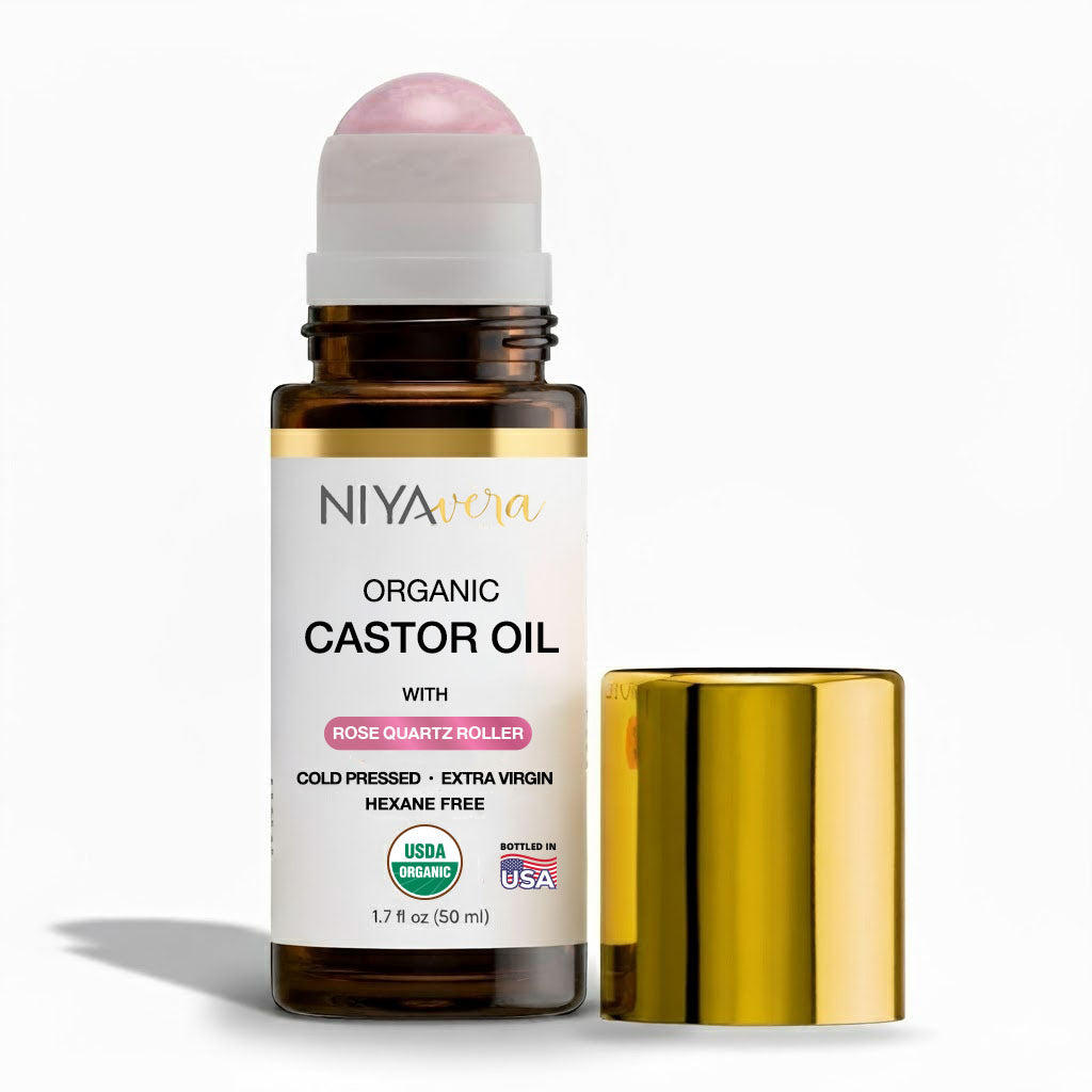 Niyavera Organic Castor Oil Roll on with Rose Quartz For Face and Body - Cold Pressed Hexane Free Glass Bottle Unrefined