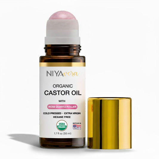 Niyavera Organic Castor Oil Roll on with Rose Quartz For Face and Body - Cold Pressed Hexane Free Glass Bottle Unrefined