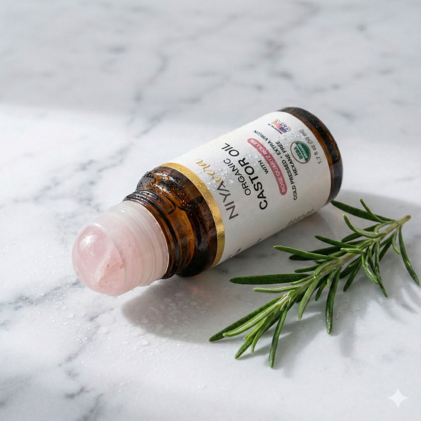 Niyavera Organic Castor Oil Roll on with Rose Quartz For Face and Body - Cold Pressed Hexane Free Glass Bottle Unrefined